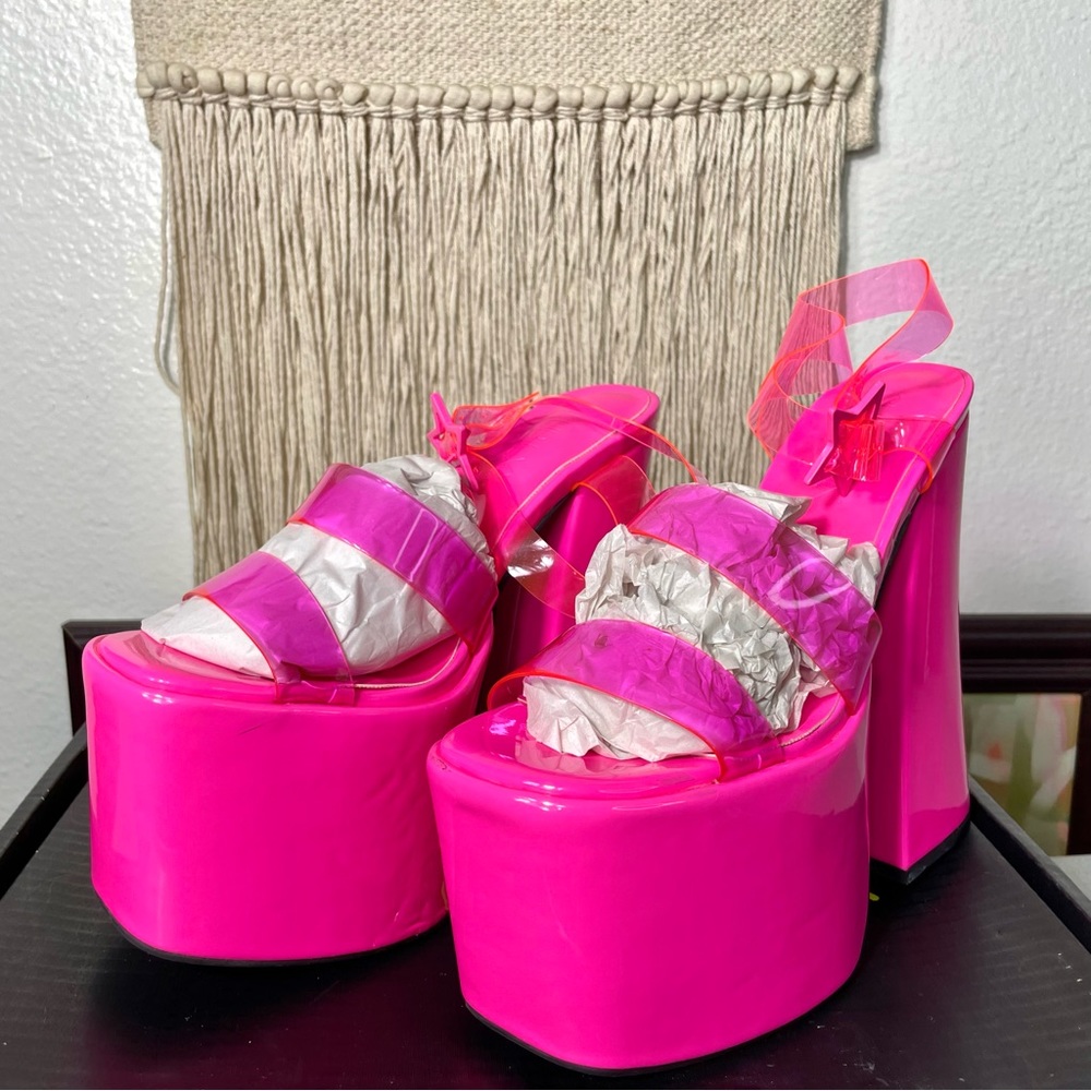 DOLLS KILL Club Exx Race To Finish Platform Heels Hot Pink Sexy Heels Size 8